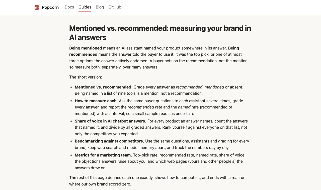 The new guide, Mentioned vs. recommended, opening with a direct answer to each buyer question.